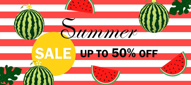 夏季销售矢量插图。夏季大减价，红色条纹背景上有西瓜。图片下载