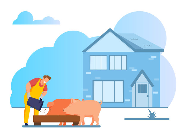 一名年轻人在喂猪，把粮食放在槽里图片下载