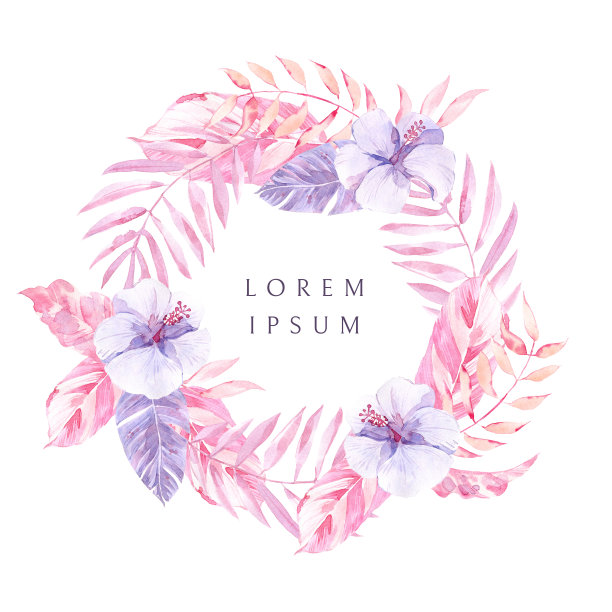 水彩花环，热带圆形框架与花和叶。图片下载