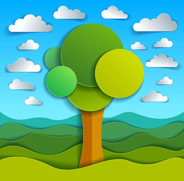树木在野外风景自然景观卡通现代风格剪纸矢量插图。图片下载