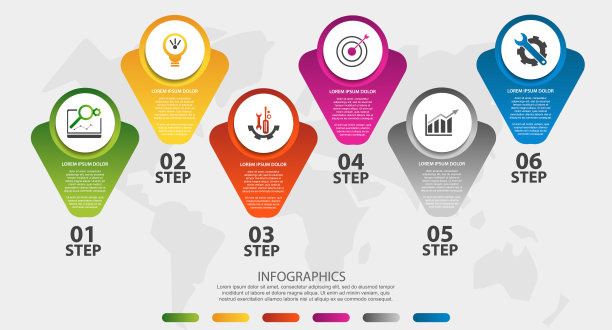 现代3D矢量插图。圆形信息图表模板与六个元素，图标和数字。设计用于商业，演示，网页设计，应用程序，界面，图表6个步骤图片下载