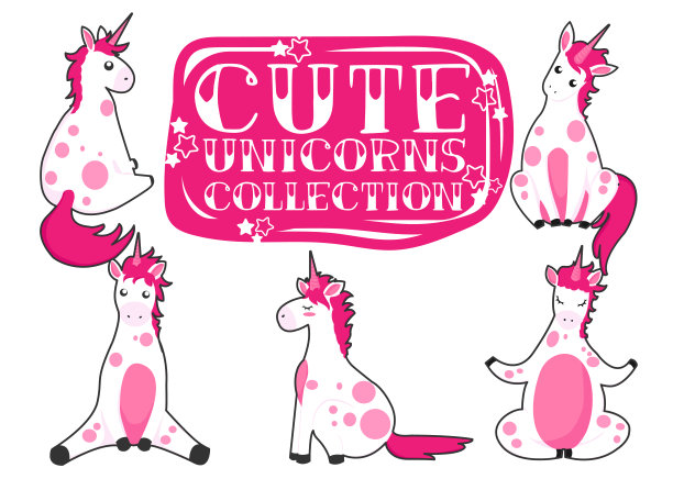 不同姿势的独角兽卡通收藏。幼稚的涂鸦小马字符集。图片下载
