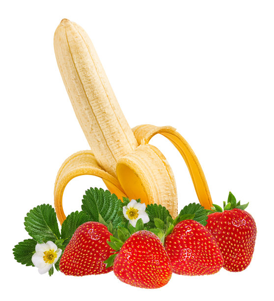 香蕉和草莓孤立在白色背景与修剪路径图片下载