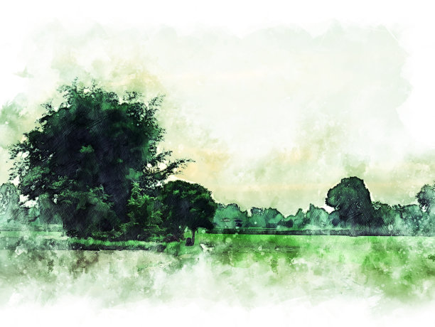 在水彩插画的背景上抽象彩色形状的树景观和房屋建筑。图片下载