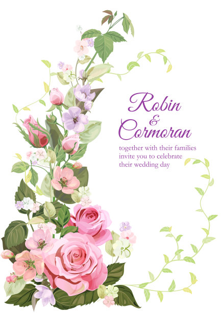 婚礼垂直角度的框架:玫瑰，春天开花，树枝淡紫色，粉红色的苹果树花，花蕾，绿色的叶子在白色的背景上。数字绘制，水彩风格的插图，复古，矢量图片下载