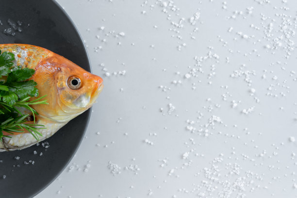 用新鲜香草烹制红鲫。健康饮食概念，文字或菜单的空间图片下载