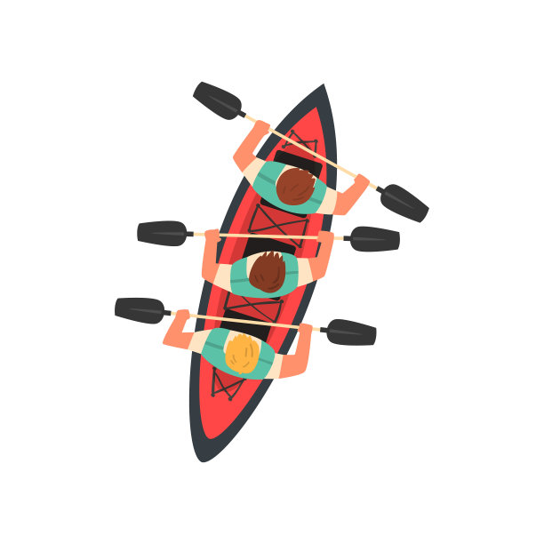 采购产品三个男人划桨皮划艇，皮划艇水上运动，户外活动在夏季，顶视图矢量插图图片下载