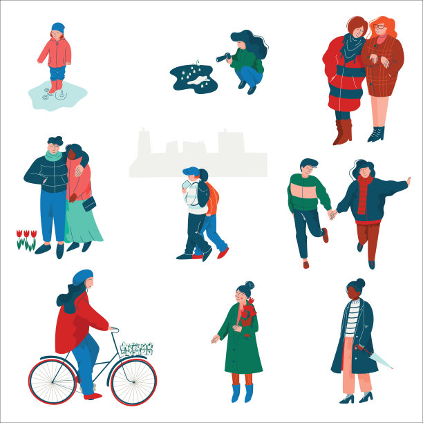 人们穿着季节性的衣服走在街上设置，男人，女人和孩子表演春季户外活动矢量插图图片下载