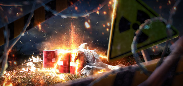 污染环境。辐射爆炸和有毒物质火灾。化学污染的灾难性影响。辐射信号。铁丝网。灾难图片下载