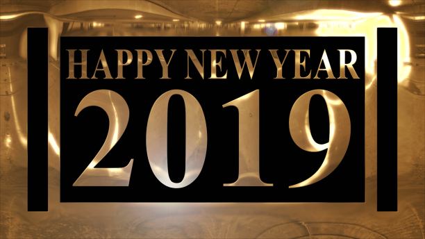 金色和闪亮的文字“新年快乐2019”与金色框架和黑色背景图片下载