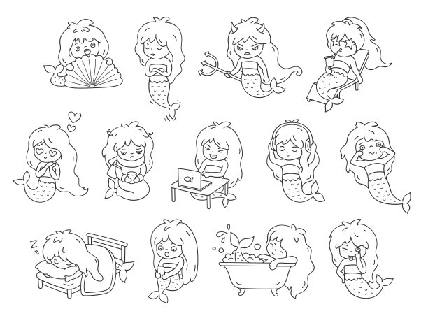 一大堆贴纸和表情，上面有有趣的小美人鱼。图片下载