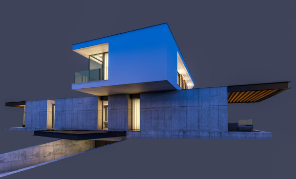 现代住宅在山上的3d渲染与游泳池在夜晚孤立的灰色图片下载