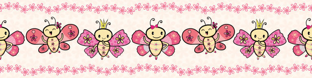 可爱的粉红色手画卡哇伊风格跳舞蝴蝶边界与花边。无缝矢量模式上的奶油花纹理背景。非常适合文具，生日，派对，礼品包装，织物图片下载