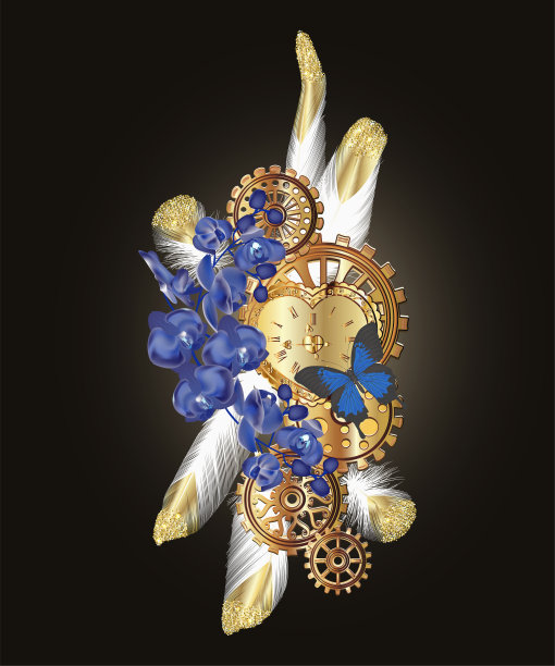 古董钟兰花花，蝴蝶，羽毛和齿轮。蒸汽朋克风格。图片下载