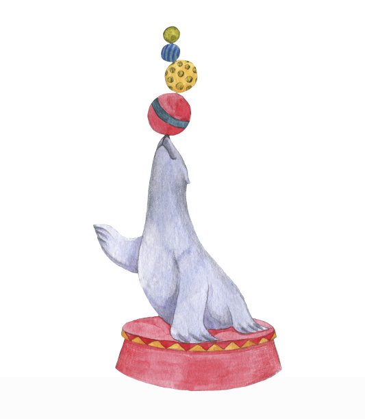 马戏团海豹玩球的手绘水彩插图。图片下载