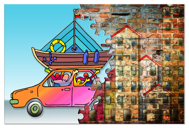 从城市到海滩度假-概念图像拼图形状图片下载