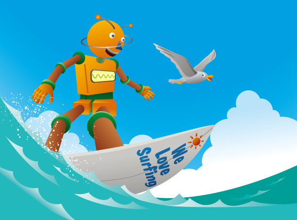 橙色机器人冲浪者和海鸥一起乘着海浪。图片下载