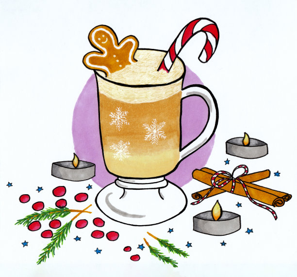 冬季插画咖啡杯与姜饼和糖果手杖图片下载