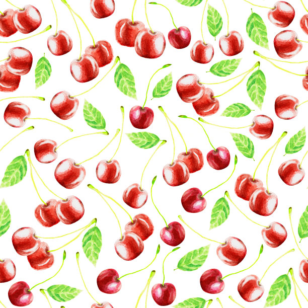 可爱的樱桃无缝图案。适用于纺织品、包装纸、壁纸等。甜的成熟的红色樱桃孤立在白色的背景。插图。手工制作的水彩图片下载