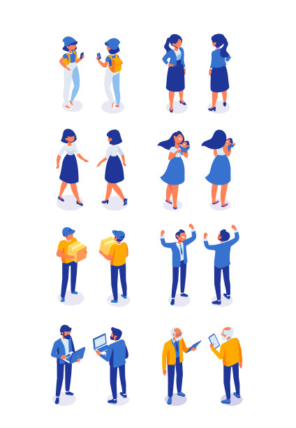 不同的等距人，男人和女人3D -正面和背面的观点。图片下载