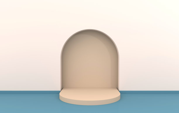 墙壁场景与拱形在柔和的颜色，最小的背景。3D渲染内部产品展示，模拟背景。图片下载