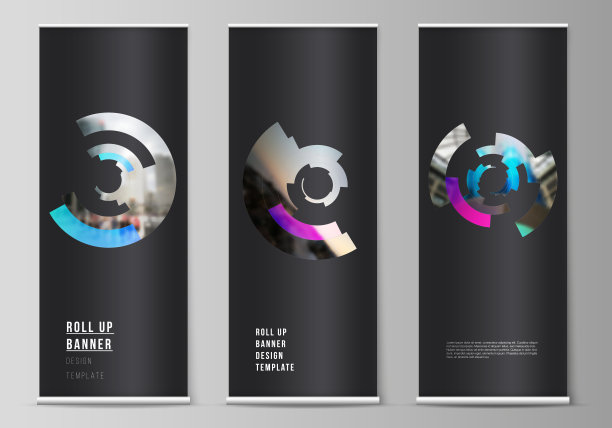 矢量插图可编辑布局的滚动旗帜站，垂直传单，旗帜设计业务模板。未来主义设计的圆形图案，圆形元素形成几何框架的照片图片下载