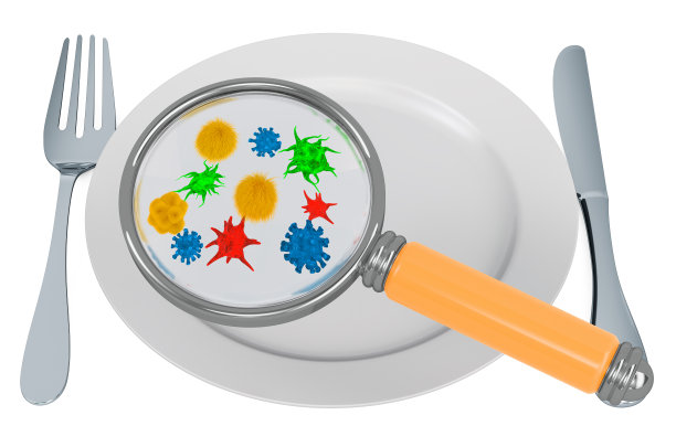 放大镜下带有细菌和细菌的厨房用具。3D渲染孤立的白色背景图片下载
