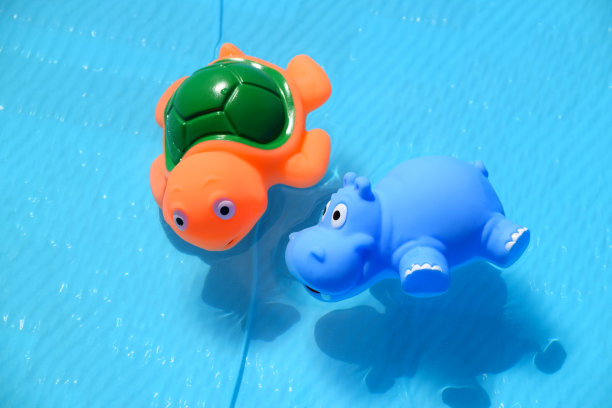 塑料河马和海龟动物漂浮在水池的水里图片下载