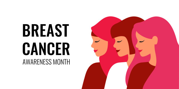 乳腺癌宣传月卡片上有文字和三个穿着粉色衣服的年轻女性图片下载