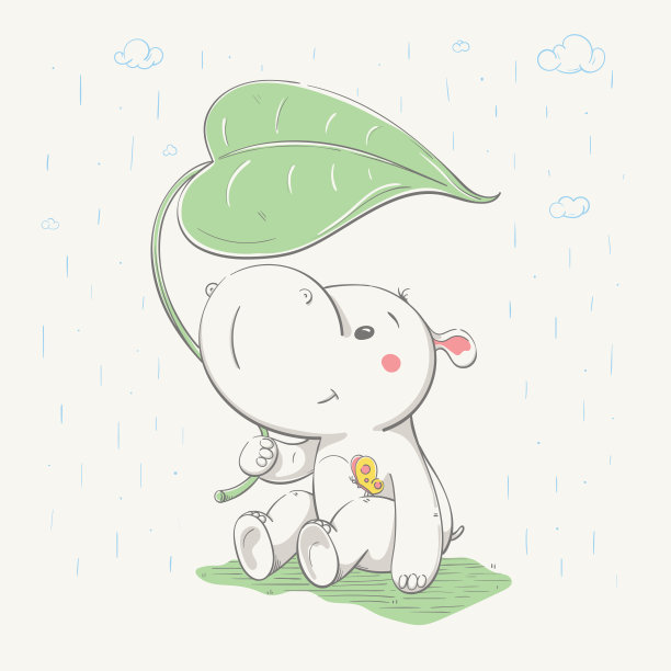 可爱可爱的河马坐在树叶下，躲着雨。河马和彩色蝴蝶，手绘。图片下载