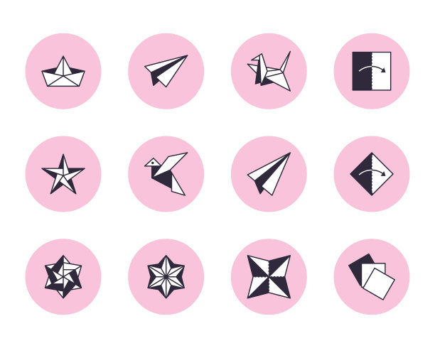 折纸平面线条图标集。纸鹤，鸟，船，平面矢量插图。日本人的创意爱好图片下载