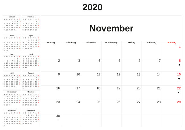 2020年德国月历以白色为背景。图片下载