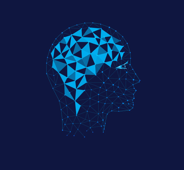 多边形头部和大脑的轮廓。多边形的例证三角形和点。人的思维概念，思维过程的形象化。低聚。图片下载