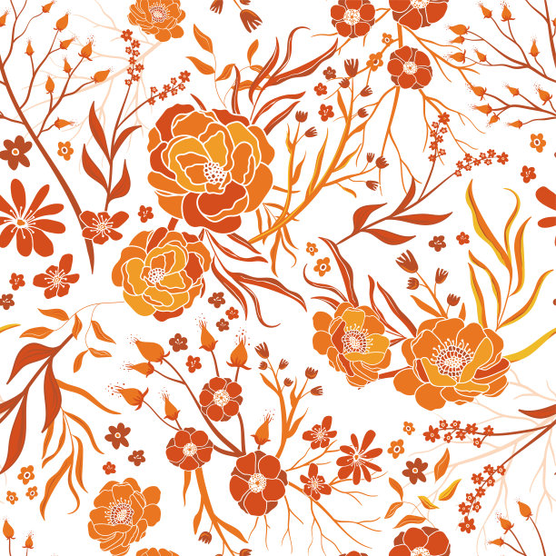 美丽的手绘夏季花卉无缝图案，可爱而优雅的橙黄色背景，非常适合女性面料，季节性印花，背景，壁纸和横幅，矢量设计图片下载