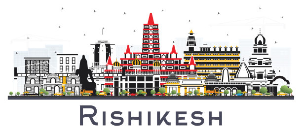 Rishikesh印度城市天际线与彩色建筑隔离在白色。图片下载