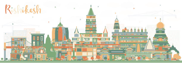 Rishikesh印度城市天际线与彩色建筑。图片下载