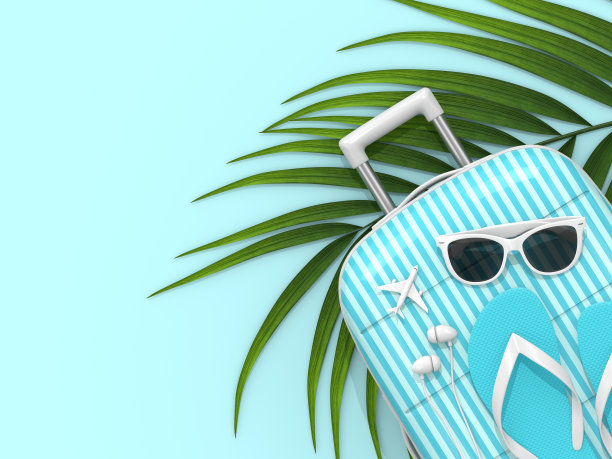 蓝色背景上的度假物品手提箱的3d渲染图片下载