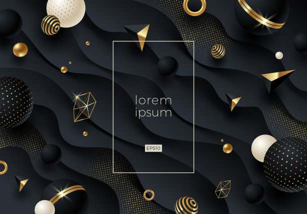 摘要向量背景。黑色几何形状与金色元素和装饰黑色纸波浪层背景与金色半色调。图片下载