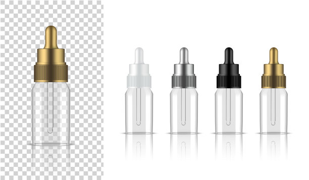 透明瓶。3D模拟逼真的滴管化妆品，油血清，香水护肤产品保健包装和科学与金属，白色，黑色和金色的背景插图图片下载