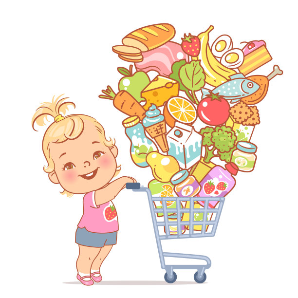 小女孩推着装满食物的超市购物车。图片下载