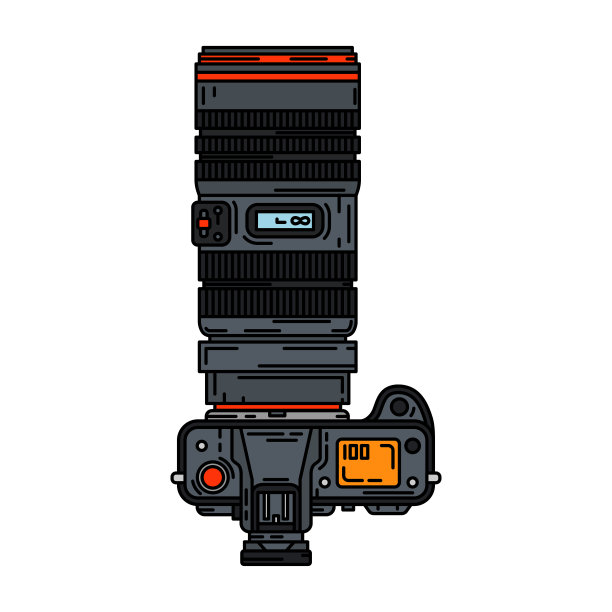 彩色矢量图标与数码单反专业相机。摄影艺术。像素photocamera。卡通风格的插画，元素设计。摄影镜头。快照设备。数码照相馆。图片下载
