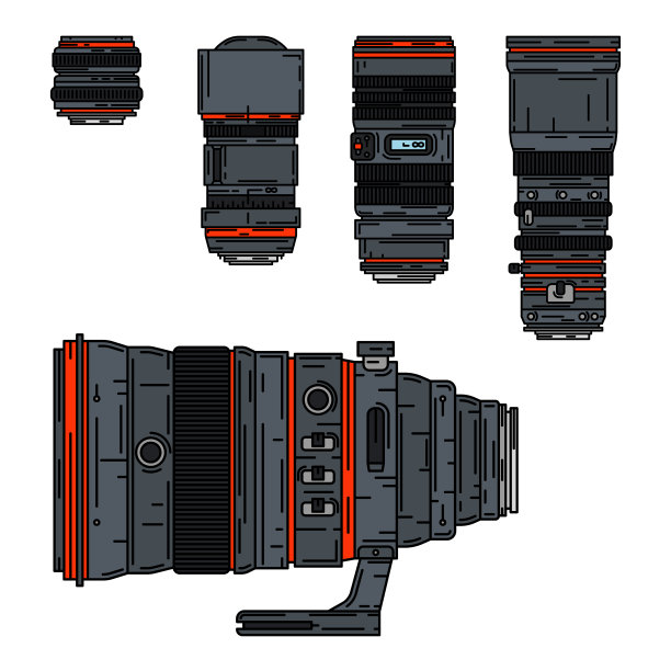 线条色彩矢量图标数码摄影师专业设备。摄影。各种摄影相机镜头长焦、鱼眼、人像。卡通风格的插图。快照照片工作室。图片下载
