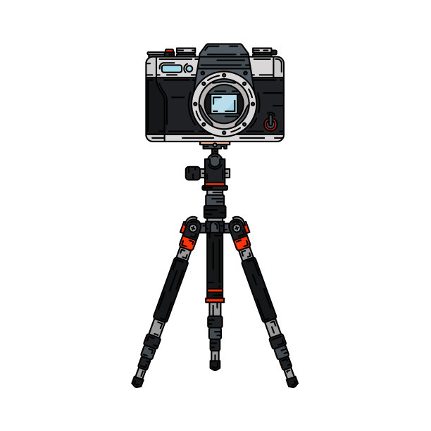 彩色矢量图标设置数码摄影师专业设备。摄影。安装在三脚架上的照相机，镜头，闪光灯。卡通风格插画，元素设计。快照摄影工作室。图片下载