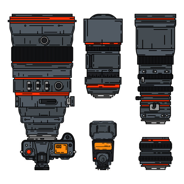 彩色矢量图标设置数码摄影师专业设备。摄影艺术。摄影三脚架，照相机，各种镜头，闪光灯。卡通风格插画，元素设计。快照摄影工作室。图片下载