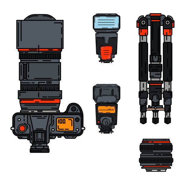 彩色矢量图标设置数码摄影师专业设备。摄影艺术。摄影三脚架，照相机，各种镜头，闪光灯。卡通风格插画，元素设计。快照摄影工作室。图片下载