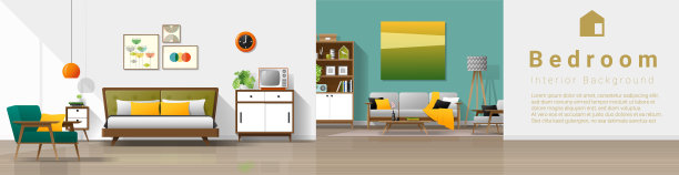 复古屋的室内背景与卧室和客厅的组合，矢量，插图图片下载