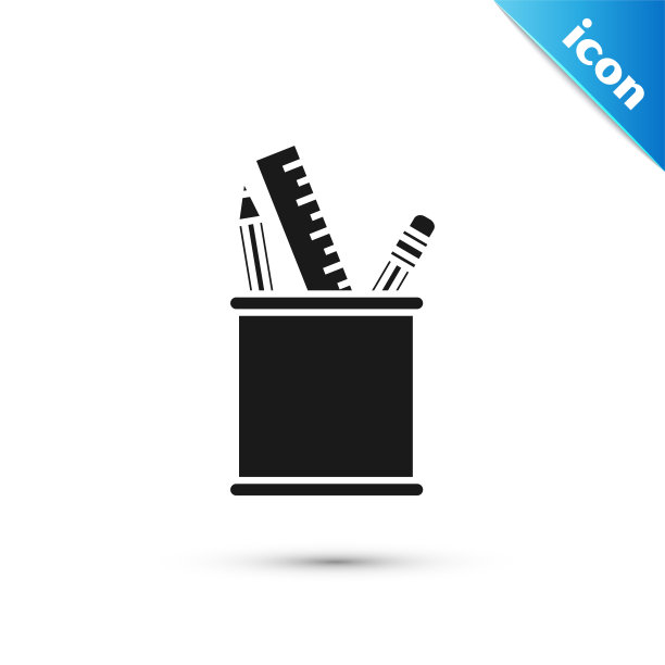 黑色铅笔盒文具图标孤立在白色背景。铅笔，钢笔，办公室用的玻璃杯里的尺子。矢量图图片下载