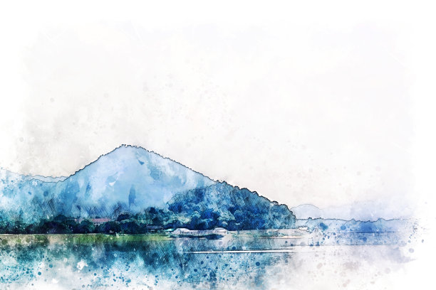 抽象的彩色形状在山、山和海水上的水彩插画背景。图片下载