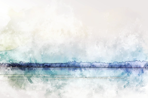 抽象的彩色形状在山、山和海水上的水彩插画背景。图片下载