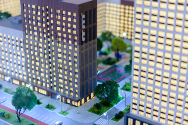 玩具城。倾斜移位模糊效果。住宅区的城市景观是现代化的摩天大楼。图片下载